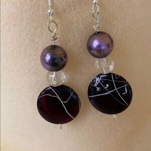 Handmade Purple and white ball drop .925 fish hook earrings